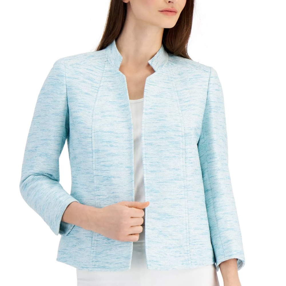 Anne Klein Womens Cropped Stand Collar Jacket in Ocean Sky Tweed – Size 2